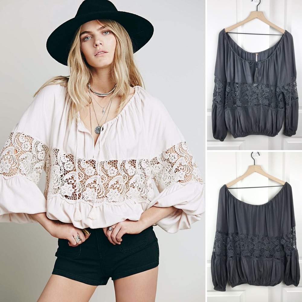FREE PEOPLE Gray Gotta Love it Peasant Boho Top XS
